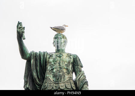 Möwe auf die Statue des römischen Kaisers Nerva, oder Marcus Cocceius Nerva Caesar Augustus, in der Via dei Fori Imperiali Straße Stockfoto