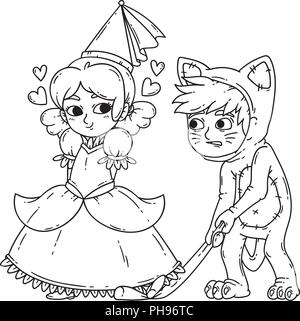 Junge und Mädchen in Halloween Kostüme Prinzessin und Katze. Mädchen flirten mit Jungen. Vector Illustration auf weißem Hintergrund. Färbung Seite für Kind Stock Vektor