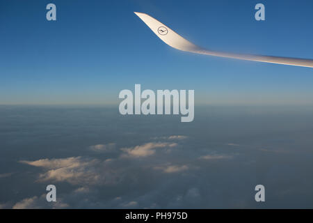 Mumbai, Indien - 8. Juli 2018 - Luftbild vom Flugzeug auf Flugzeug Flügel des Airbus A330 Stockfoto