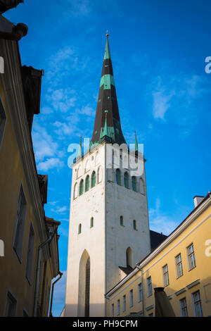 St. Olaf Kirche Tallinn, Erdgeschoss Blick auf den 124 m hohen Turm und die Turmspitze von St. Olaf Kirche in der Altstadt von Tallinn, Estland. Stockfoto