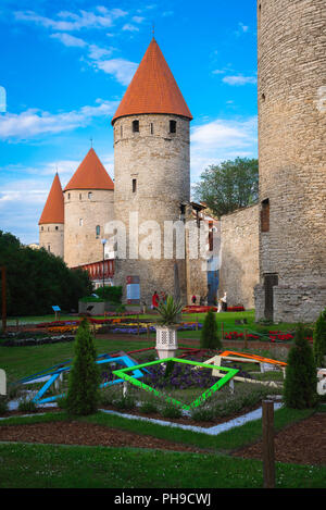 Tallinn Wall, Blick über die Stadt Park und Gärten in Richtung der unteren Stadt Mauer verbindet eine Reihe von mittelalterlichen Türmen im Zentrum von Tallinn, Estland. Stockfoto