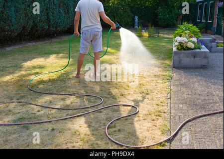 Ein Mann sprüht seinen Rasen während einer sehr trockenen Sommer in den Niederlanden Stockfoto