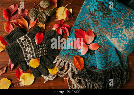 Handschuhe, Schal und bunt herbstliches Laub von oben gesehen Stockfoto