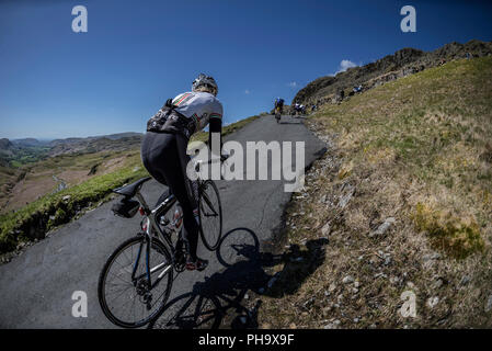 Weibliche Radfahrer klettern Hardknott Pass in der Fred Whitton Herausforderung, Cumbria, Großbritannien. Stockfoto