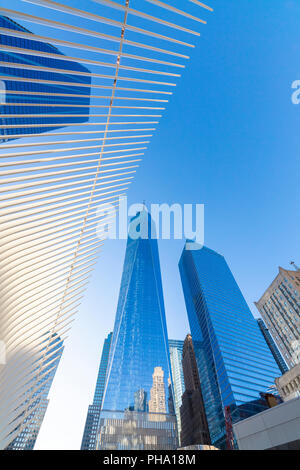 Die Oculus Gebäude und Freedom Tower, One World Trade Center, Lower Manhattan, New York City, Vereinigte Staaten von Amerika, Nordamerika Stockfoto