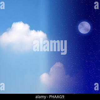 Nachthimmel mit Vollmond zu strahlend blauen Himmel Übergang Stockfoto