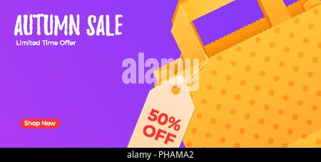 Herbst Verkauf web Banner mit Papiertüte und Shopping Tag Stock Vektor