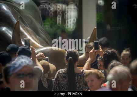 Horden von Touristen Cluster rund um und für Fotos vor der Wall Street Bull darstellen, nach Künstler Arturo DiModica, am Broadway in Manhattan in New York am Donnerstag, 30. August 2018. Die Börse ist in den Längsten bull run in der Geschichte, beginnend am 9. März 2009, die Große Rezession beendet. (© Richard B. Levine) Stockfoto