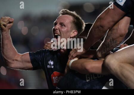 Merseyside, UK. 31. August 2018. Wigan Warriors feiern ihre Seiten 5. Versuchen Sie, 31. August 2018, total Gottlosen Stadion, Merseyside, England; besser Super League Rugby, Super 8 s-3, St Helens v Wigan Warriors; Quelle: News Images/Alamy leben Nachrichten Stockfoto