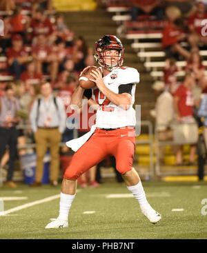 August 31, 2018 Western Kentucky Hilltoppers quarterback Davis Shanley (12) steht in der Tasche während des vierten Quartals eine NCAA Football Spiel zwischen der Western Kentucky Hilltoppers und die Wisconsin Badgers in Camp Randall Stadium in Madison WI Stockfoto