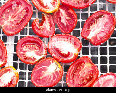 Die Herstellung von "Pummaroru Siccu", traditionelle sonnengetrocknete Tomate sehr populäre und traditionelle in Sizilien und Italien. Stockfoto