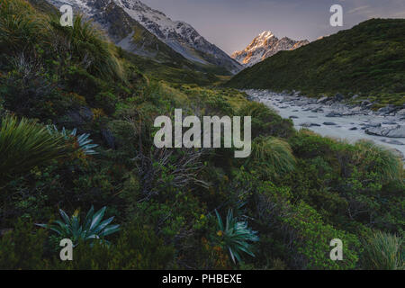 Mount Cook Landschaft aus dem Hooker Valley, Mount Cook Nationalpark, UNESCO-Weltkulturerbe, Südliche Alpen, Südinsel, Neuseeland, Pazifische Stockfoto