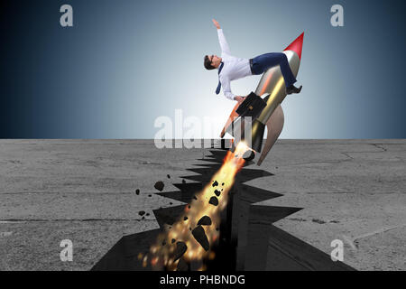 Geschäftsmann fliegen mit Rocket von Rock Lücke Stockfoto