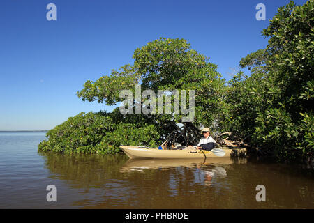 Active Senior Kajakfahren auf dem West Lake in den Everglades National Park, Florida. Stockfoto