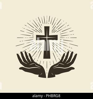 Christentum Symbol für Jesus Christus. Kreuz, Gottesdienst Logo. Vintage Vector Illustration Stock Vektor