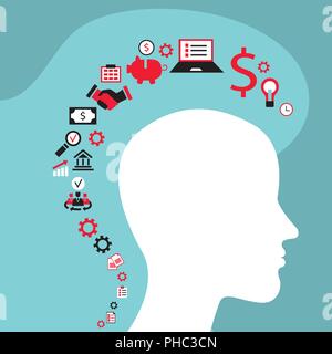 Infografiken Konzept mit Kopf Profil, Gehirn, Zahnräder und Business Icons Stock Vektor