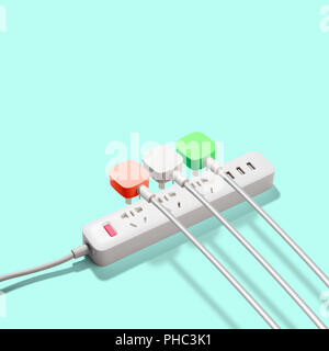 Drei elektrischen Stecker an Steckdosenleiste angeschlossen Stockfoto