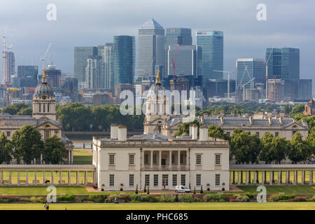 Queen's House Canary Wharf und Stadtbild von Greenwich Hill, Greenwich, London, England, Großbritannien Stockfoto