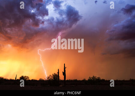 Die Wüstenlandschaft von Arizona bei Sonnenuntergang mit Blitz, dramatischen Sturmwolken und farbenfrohem Himmel Stockfoto