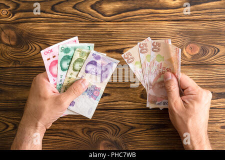 Mann hält eine Handvoll Chinese Yuan und Türkische Lira in jeder Hand über einen hölzernen Tisch in ein Konzept der vergleichenden und internationalen Austausch von Währ. Stockfoto