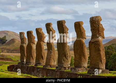 Ahu Akivi Moai Stein Köpfe von der Rückseite Rapa Nui die Osterinsel Isla de Pascua Chile Stockfoto