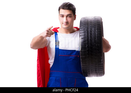 Superhelden-Mann mit weißem Hintergrund Reifen isoliert Stockfoto