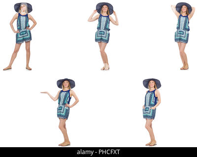 Collage von Frau im blauen Kleid und Panama auf Weiß Stockfoto
