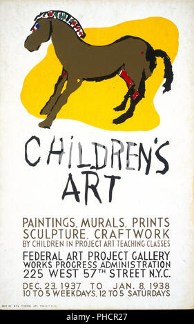 Plakat Ankündigung Ausstellung mit Kunstwerken von Kindern am Federal Art Project Gallery, Works Progress Administration, 225 West 57th Street, New York City, die Zeichnung eines Kindes von einem Pferd. Stockfoto