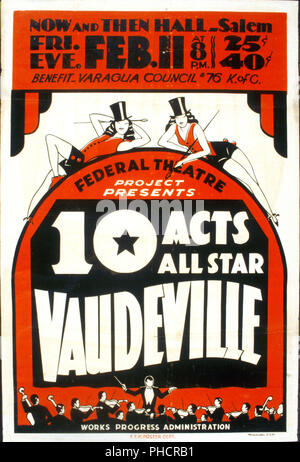 Plakat für Federal Theatre Project Präsentation des Vaudeville am Jetzt und dann Hall, Salem, Massachusetts, tanzende Mädchen und Orchester. Stockfoto