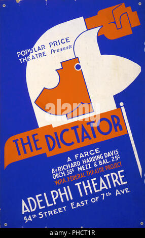 Plakat für Federal Theatre Project Präsentation der "Diktator" im Adelphi Theatre, die 54th Street östlich der 7th Ave., New York City, zeigt den Kopf des Menschen, mit offenem Mund und Faust angehoben. Stockfoto