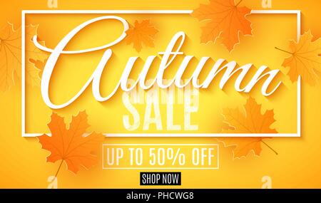 Herbst Sale Banner. Werbung saisonale Flyer. Grußkarte. Kalligraphie und Schrift. Orange Ahornblätter. Orange hinterlegt. Vector Illustration. Stock Vektor