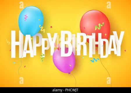 Bunte festliche Ballons auf einem hellen Hintergrund. Die Inschrift mit einem Happy Birthday aus Papier Buchstaben. Bunte Konfetti. Gruß Einladungskarte Stock Vektor
