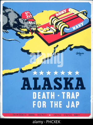 Plakat für 13 Naval Bezirk, United States Navy, eine Ratte, die Japan, nähert sich eine Mausefalle mit der Bezeichnung 'Army Navy Zivile", auf einem Hintergrund Karte von Alaska. Stockfoto