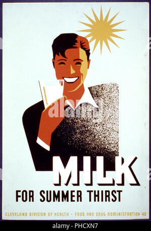 Plakat für Cleveland Abteilung der Gesundheit Förderung der Milch, mit einem jungen Mann hält ein Glas Milch mit der Sonne im Hintergrund glänzend Stockfoto