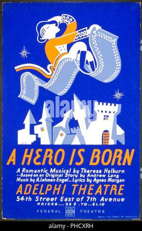 Plakat für Federal Theatre Project Präsentation von 'Hero' an der Adelphi Theatre, die 54th Street östlich der 7th Avenue, das einen Mann zeigt, auf einem fliegenden Teppich. Stockfoto