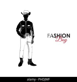 Modische Kerl. Mode. Silhouette von einem Kerl. Der Kerl in den Cowboyhut. Cowboy Stock Vektor