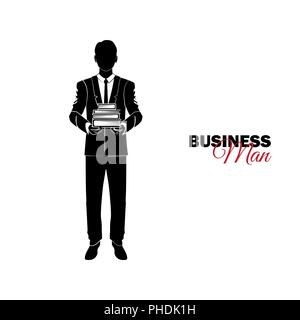 Unternehmer, Manager. Ein Mann im Anzug. Geschäftsmann mit einem Stapel Bücher Stock Vektor