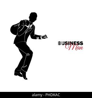 Unternehmer, Manager. Ein Mann im Anzug. Ein Geschäftsmann stiehlt mit einem Sack auf dem Rücken Stock Vektor