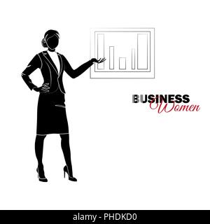Geschäftsfrau. Frau in der Wirtschaft. Geschäftsfrau zeigt im Diagramm, führt eine Präsentation Stock Vektor