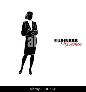 Geschäftsfrau. Frau in der Wirtschaft. Geschäftsfrau schreibt Notizen auf dem Tablett Stock Vektor