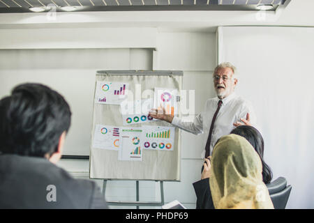 Alten manager Menschen zu erforschen und auf dem Flipchart, die für junge Arbeitnehmer Stockfoto