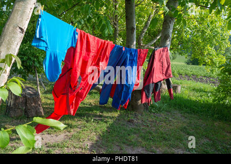 Klamotten Online im Garten Stockfoto