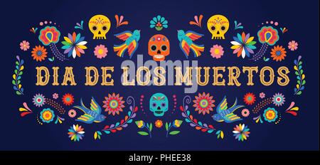 Tag der Toten, Dia de los moertos, Banner mit bunten Mexikanischen Blumen. Fiesta, Poster, Flyer, Grußkarten Stock Vektor