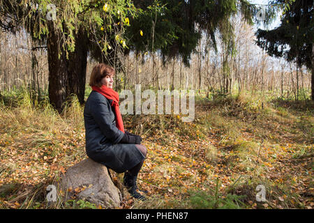 Frau mittleren Alters auf einem Stein saß in einem Herbst Wald Stockfoto