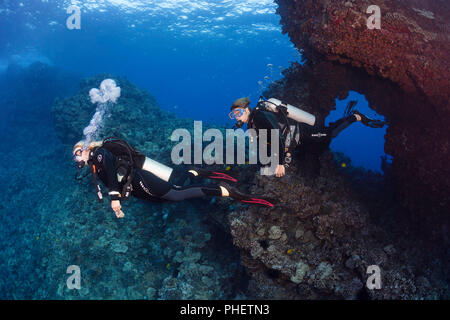 Dieses Paar (MR) erkunden die Reef außerhalb der Ersten Kathedrale vor der Insel Lanai, Hawaii. Stockfoto