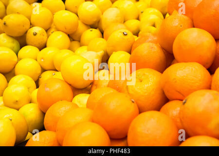Stapel von frischen Orangen und Zitronen Stockfoto
