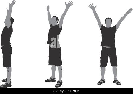 Realistische flachen grauen Abbildung eines Mannes Silhouette mit hands up Stock Vektor