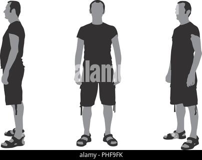 Realistische flachen grauen Abbildung eines Mannes Silhouette mit kurzen Hosen und T-Shirts Stock Vektor