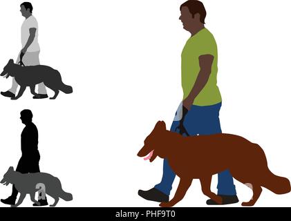 Realistische flache farbige Abbildung: ein Mann ein Deutscher Schäferhund Stock Vektor