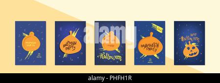 Satz von Halloween Party Vorlage mit Kürbis Papier Form Dekoration und handschriftliche Schriftzug. Sammlung der Vertikalen Banner für soziale Medien ein Stock Vektor